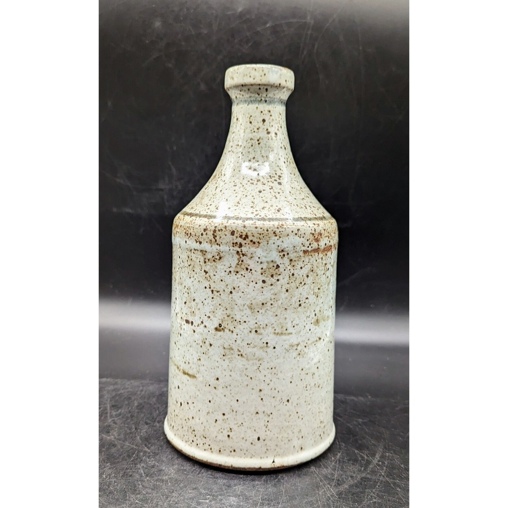 Handmade Studio Art Pottery Grey Speckled Stoneware Bottle‎ Vessel 9.5" Signed